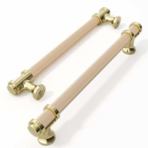 FURNIWARE 10 Pack Gold Cupboard Handles, 160mm (6.3 Inch) Hole Center, Color-Blocked Cabinet Pulls with Lines Design, Bright Gold Pull Handles for Kitchen, Drawer Dresser, Wardrobe, Furniture