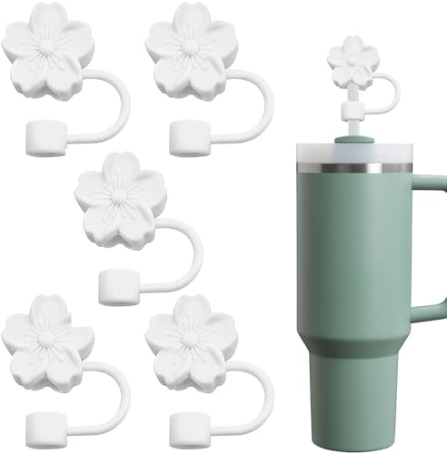 Gekamoyue Straw Covers for Stanley Cup Accessories 5 Pcs, 10 mm Silicone Flower Straw Covers, Reusable Toppers for Stanley 40/30 Oz Tumbler Accessories (White)