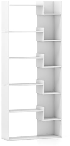 HOMASIS Bücherregal mit 6 Ebenen, Aufbewahrungsregal mit 11 offenen Fächern & Ablagen, Standregal aus Holz, Raumteiler mit Kippschutz, Regal für Wohnzimmer Arbeitszimmer Büro, 69x22x163 cm (Weiß)