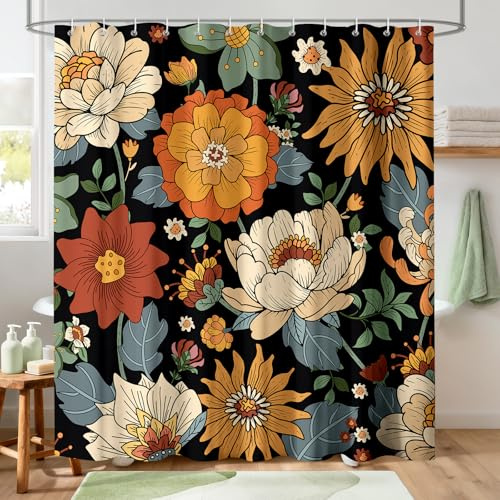 Hopomoon Rideau de Douche Vintage 180 x 180 cm Motif Floral rétro Noir Rideau de Douche bohème imperméable et Lavable de Style Hippie