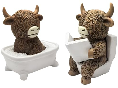 shirylzee Highland Cow Ornaments, Bathroom Ornaments, Funny Bathtub & Toilet Pattern Highland Cow Bathroom Accessories, Cute Animal Ornament for Home Garden Decor, Bath Figurine for Animal Lovers