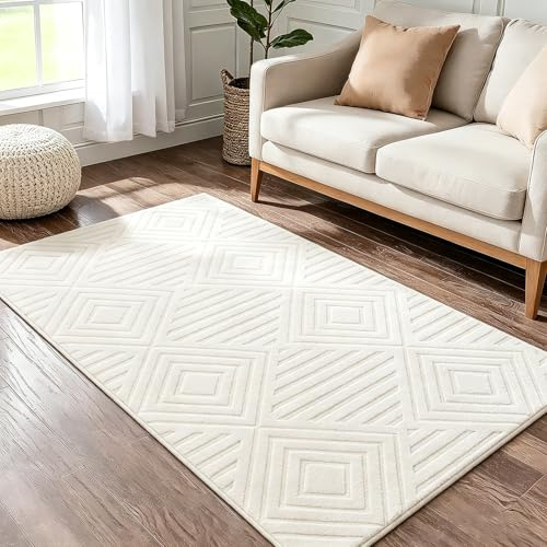 Capslpad Teppich Läufer Flur 80x150cm Creme Modern Waschbar Küchenläufer Teppich 3D Geometrie Hoch Tief Effekt rutschfest Teppiche für Wohnzimmer Schlafzimmer Eingang