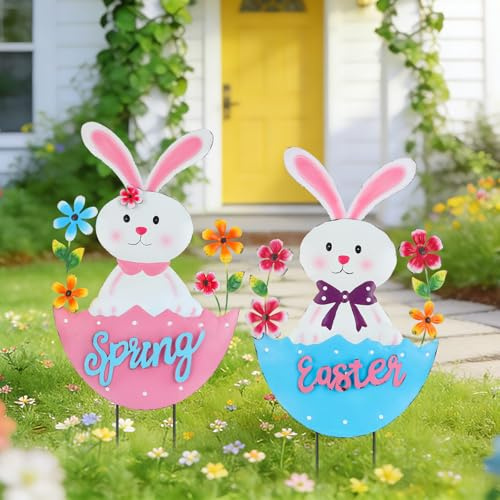 Detene 2 Stück Set Metall Osterhase Gartenstecker Osterhase Garten Dekoration mit 3D Buchstaben Ostern Hof Deko Pfähle für Rasen Terrasse.