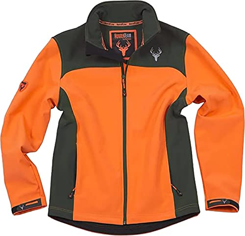 WORKTEAM Cazadora Softshell para Caza y Pesca, Cuello Alto, Bolsillos Con Cremallera, puños ajustables, Unisex Naranja Fluor + Verde Caza-XL