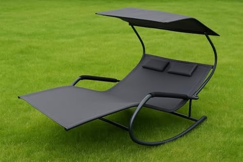 Gardissimo Doppel-Sonnenliege Trendy mit Sonnendach, 2 Kopfkissen, Schaukelfunktion, für 2 Personen, Relaxliege, Gartenliege, Anthrazit, UV-Schutz 50+, Stahlrohr, Kunststoff-Outdoor-Gewebe