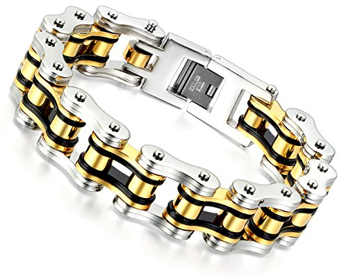 Cupimatch Herren Armband Edelstahl Große Breite Biker Armband Panzerkette Fahrradkette Motorradkette Hochglanz Poliert Rock Armreif, 9.1 inches, Edelstahl, ohne Stein