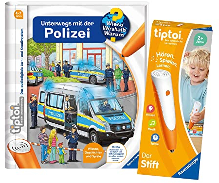 Ravensburger tiptoi Set: Wieso? Weshalb? Warum? Unterwegs mit der Polizei (Kinderbuch) + 00110 tiptoi Stift, Lernspielzeug für Kinder