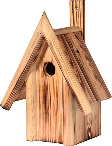 dobar® 13071e Nistkasten Hexenhaus II Ø 32 mm - Nisthöhle für Wildvögel - Nistkasten Massivholz - Nisthilfe mit Schilfdach Vogelhaus für Höhlenbrüter - 25 x 17,5 x 33 cm - Geflammt