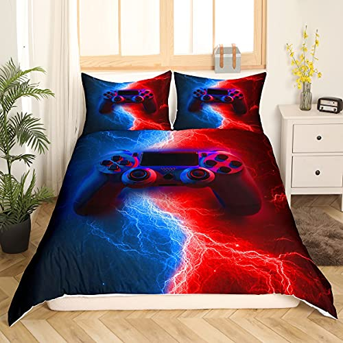 Homewish Spieler Spielen Bettwäsche-Sets 155x220,Blitze Gamepad Bettbezug, Videospiele Bettdecke Für Kinder Teenager Jungen, Modernes Schlafzimmer Dekor 2-Teiliges Bettwäsche-Set, Rot Blau