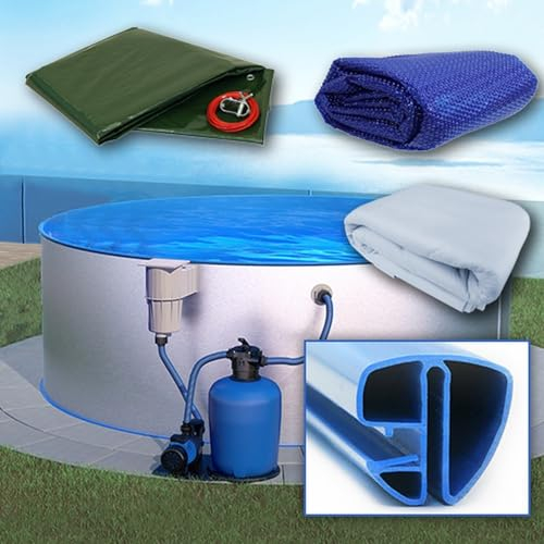 SAXONICA Rundpool Ø 350 x 120 cm I All IN ONE Set I Poolfolie blau 0,8 mm I Zubehör I Spezial Handlauf I 3,5 x 1,2 m