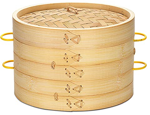 Home Bamboo Steamer with Handle, 2 Tier Classic Traditional Design for Cooking Vegetables and Dumplings,28cm