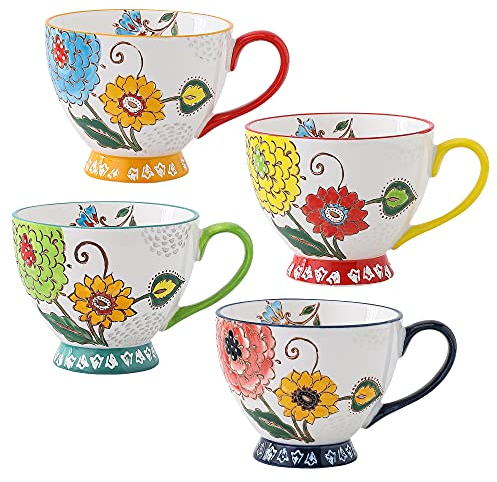 superyes Cute Coffee Mugs Sets of 4, Floral Coffee Cups Set for Tea Milk Latte Cappuccino Cereal Hot Chocolate Soup, Gift for Woman Friend,Mom, Family(12 oz x 4 Pack)