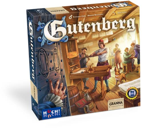 HUCH!, Gutenberg Spiel, Kennerspiel über die Entstehung des Buchdrucks, Spannende Strategiespiele mit einzigartigem Zahnrad-Mechanismus, Für 1–4 Spieler ab 12 Jahren