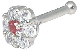 Jewelryweb Nasenstecker aus massivem 14 Karat Weißgold, 3 mm, 20 Gauge, roter Zirkonia, künstlicher Diamant, Blumen-Nasenstecker (Weißgold), Schmuck für Damen, Zirkonia Edelstein Zirkonia Edelstein