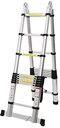 Telescopic Ladder 2.5M + 2.5M Extendable A-Frame Aluminum Multi-Purpose Foldable Step Loft Ladders with EN131 Certified