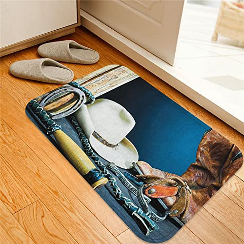 ESVET Badematte rutschfest Teppich,Westernreiterkulisse mit antikem Hufeisenhut Cowboy Texas Photography Blau, Braun und Beige,Badezimmer Set Matte rutschfest WC-Vorleger 40 x 60 cm