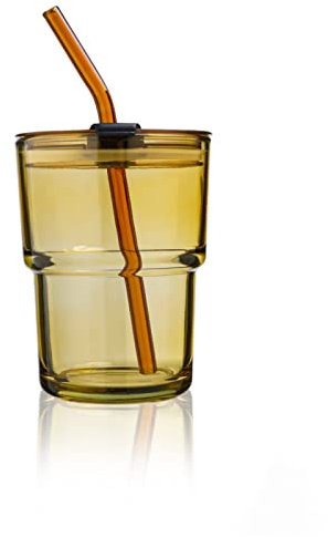 cosnou Ice Coffee Glass Tumbler with Straw and Lid Sealed Carry On, 13 OZ(400ML) Thick Wall Water Glass Cup Mug Tea (Amber