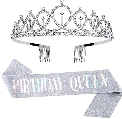 Leixi Queen Sash & Rhinestone Tiara Kit - 21st 30th Birthday Gifts for Women Party Supplies (Silver)