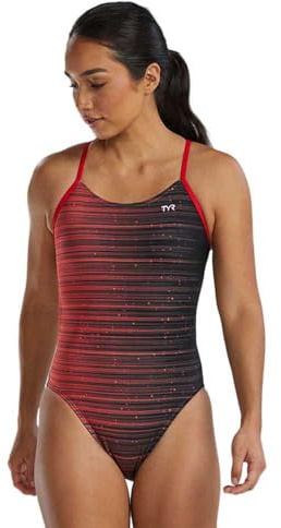 TYR Women's Durafast Elite Cutoutfit Swimsuit, Red Speedwarp, 34