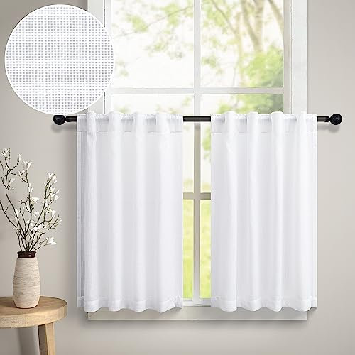 DANCURTON Weiße Küchenvorhänge, 61 cm Länge für kleine Fenster, 2 Paneele, Spitze, Baumwolle, strukturiert, durchsichtig, Leinen, kurzer Café-Vorhang für Badezimmer, Wäsche, Garage, Regale,