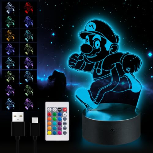 Moocuca Super Mariio 3D LED Illusion Lampe, Nachtlicht für Kinder, Nachtlicht mit Fernbedienung 16 Farbwechsel Dimmbar Nachtlichter, Nachtlicht Junge Mädchen Schlafzimmer Dekor