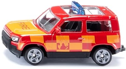siku 1568, Land Rover Defender Feuerwehr, Spielzeug-Auto, Metall/Kunststoff, Rot/Gelb, Anhängerkupplung, Gummierte Reifen, Blaue Signalbalken