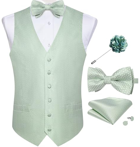 DiBanGu Herren-Paisley-Anzugweste, Seidenkleid, Weste und Fliege, Einstecktuch, Manschettenknöpfe mit Anstecknadel, Set für Hochzeits-Smoking, Salbeigrün, Medium