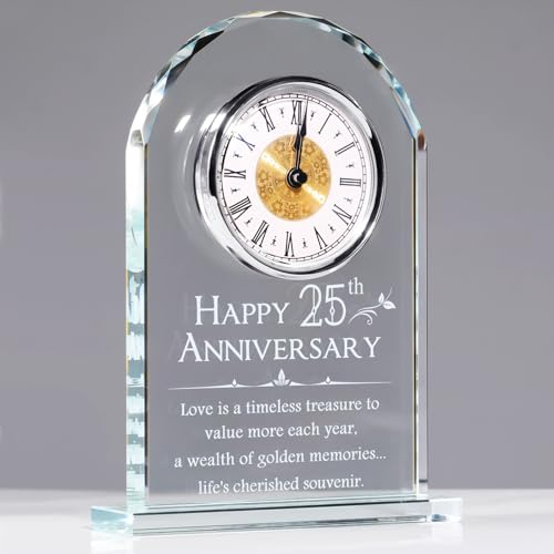 Movdyka Reloj de escritorio de cristal, regalo de boda de plata para parejas casadas, adornos para el 25 aniversario para sala de estar, recuerdo de 25 años de matrimonio, regalos para ella, él, reloj