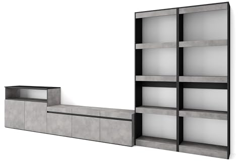 Skraut Home | Wohnwand Wohnzimmer | Wohnzimmermöbel, Möbelset | 370x186x35cm | Für TV-Geräte bis zu 65 | Wohnzimmer Möbel | Moderner Stil | Zement