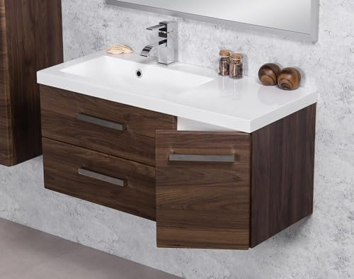 Quentis Badmöbel - Waschplatz Genua 90 cm, Waschtisch & Unterschrank, Waschbeckenunterschrank montiert (Breite 90 x Höhe 44,5 x Tiefe 39 cm, Front und Korpus Nussbaum)