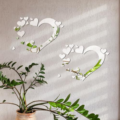 Pegatinas de pared de espejo, cristal 3D doble corazón de amor acrílico bricolaje arte calcomanías de pared hogar sala de estar baño TV fondo decoración 18Pcs/2 Set (plata)