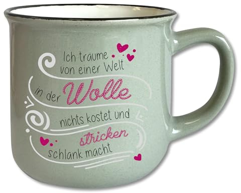 Vintage Tasse Grau mit Spruch T98 ″Ich träume von einer Welt...″ Motivtasse Geschenk Wolle Stricken Häkeln Retro Keramik 330 ml