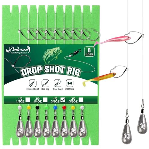 8PCS Ready Tied Drop Shot Rigs for Bass Fishing Drop Shot Hooks Fishing Rig with Drop Shot Weights 3/8OZ Swivel Fluorocarbon Fishing Line Weedless Hooks 1/0