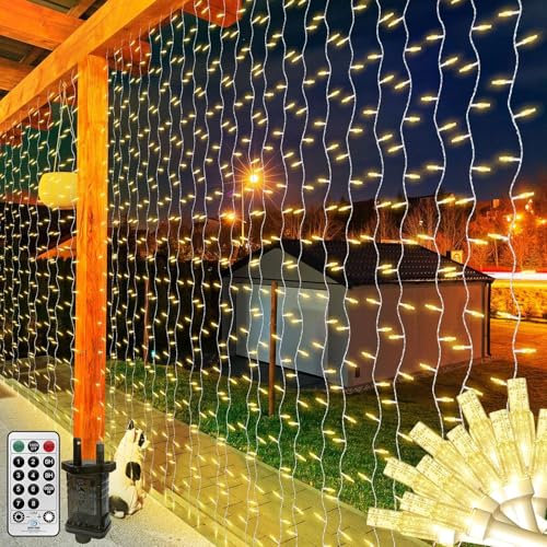 6X2M Lichternetz Außen Solar-320LED Lang Lichterkette Netz Outdoor für Büsche-Solar Lichtervorhang Wasserdicht mit Fernbedienung Timer für Garten Hochzeit Weihnachten Ostern(warmweiß)