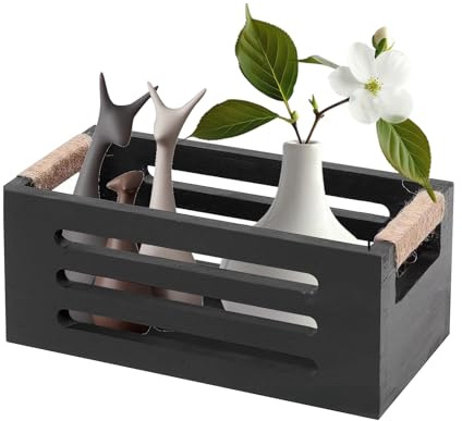 Black Toilet Roll Basket, Toilet Organiser Storage Bathroom Storage Boxes with Handle Wood Tray for Bath Accessories Organisation Décor