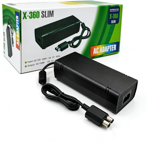 Xbox 360 Slim Power Supply, 12V/10.83A Power Supply with Cord Replacement Charger Power Brick for Xbox 360 Slim Console