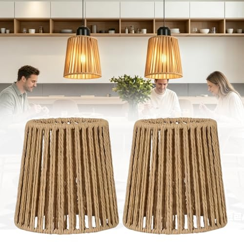 2 Stück Boho Rattan Lampenschirm, Papier Ersatzschirm, Lampenschirme für Tischlampe, D14.5cm H14cm Lampenschirm Hängelampe für Stehlampe Deckenleuchte Spiegelleuchten für Wohnzimmer Schlafzimmer Hotel