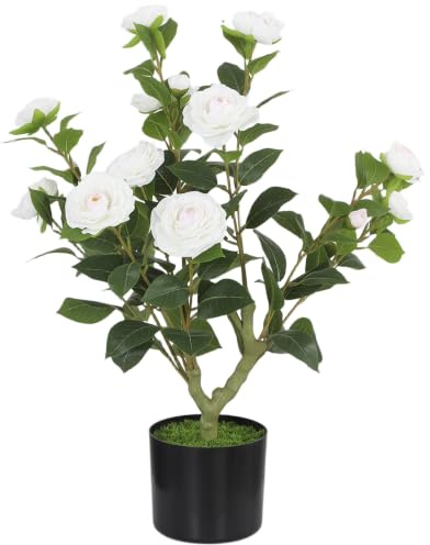 HOMCOM 65cm Artificial Camellia Flower Plant Realistic Silk Flowers White | Realistic, 116 Lush Leaves, Moss Effect, Faux Tree in Pot, Outdoor Indoor Garden Porch Decor
