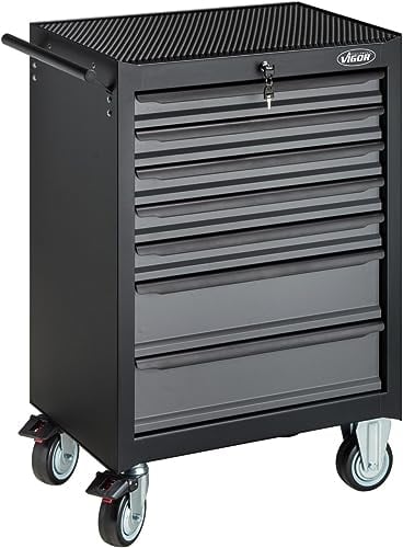 ViGOR Werkstattwagen Series M, leer V5489, 7 Schubladen, 5 flache und 2 hohe, pulverbeschichteter Korpus, 400 kg Tragkraft, Werkzeugwagen, inkl. Fahrgriff und Schlüssel