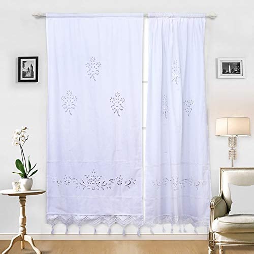 DOKOT Leinen Baumwolle Stickerei Küche Vorhang, Cafe Vorhang, Esszimmer Vorhang mit Crochet Tassel Border (Weiß 70cm Breite x 150cm Höhe, 1 Panel)