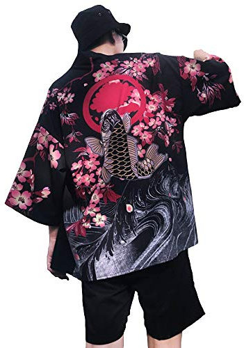 Siehin Cardigan kimono pour homme Japon Happi Kimono printemps-été Yukata Coat Ukiyoe Baggy Tops, Noir , M