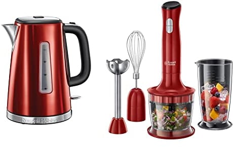 Russell Hobbs Wasserkocher, Luna rot, 1,7l, 2400W & Stabmixer 3-in-1 Desire (Zerkleinerer, Mixer- & Schneebesenaufsatz), BPA-freies & spülmaschinenfestes Zubehör, Pürierstab f. Smoothie