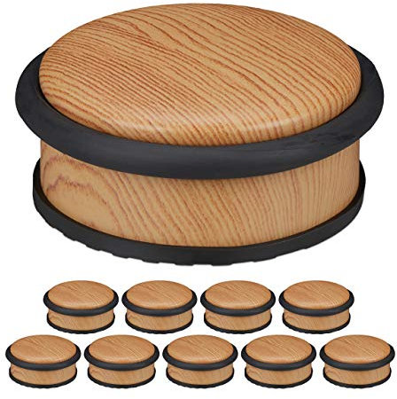 Relaxdays 10 x Türstopper Boden, für schwere Türen, Edelstahl, Gummi, flach, Holzoptik Bodenpuffer HxD 5 x 10,5 cm, Hellbraun