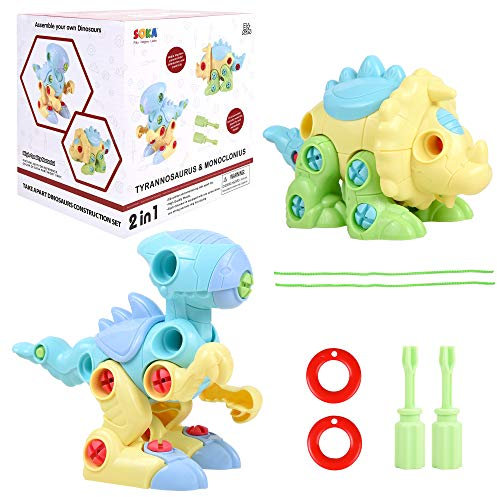SOKA Take Apart Assemble Your Own DIY Dinosaur Toy Construction Set – Puzzle Building Toy Dinosaurs for Kids Boys Girls aged 3 4 5 6 Years - Blue/Yellow