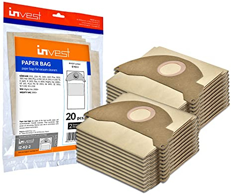 Invest - Staubsaugerbeutel Ersatz, Filtertüten Beutel Kompatibel mit Kärcher: 2501, 2501 TE, 2601 Plus, 3001, 3001 Hot, 3001 Plus, 6.904-143, Mighty Vac 2000+, SE 2001, SE 3001 - Braun, 20 Stück