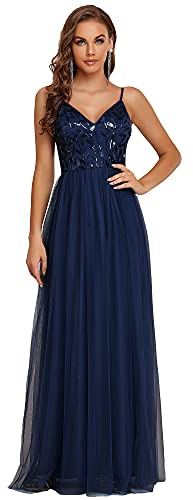 Ever-Pretty Cocktailkleid Damen Pailletten Lang V-Ausschnitt Tüll A-Linie Glitzer Elegant Navy Blau 48EU