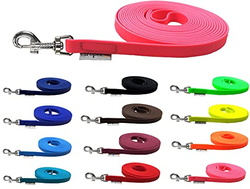 Schleppleine für Hunde Biothane Hundeleine mittlere/große Hunde Breite 16mm 1m / 3m / 5m / 10m / 15m (10m MIT Handschlaufe, Neonpink)
