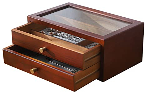 XYLUCKY 2-Lagiger Schmuck-Organizer Mit Schublade Holz-Schmuckkästchen Mit Glasdeckel Für Display-Aufbewahrung, Für Ringe Halsketten Ohrringe Armbänder, Etui Geschenke Für Frauen,Braun