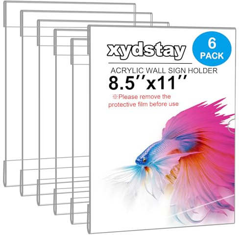 xydstay 6-pack akryl väggskylthållare med 3M-tejp, 8,5 x 11 väggmontering, klar plastskylthållare, memo dokumentmenyhållare för restaurang, kontor, skola, butik och hemmabruk, ingen borrning