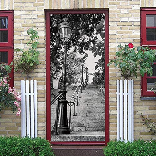 Stickers Porte 77X200Cm 3D Trompe L'Oeil Escaliers Noir Et Blanc Lampadaires Arbres Autocollant De Porte Wall Mural Poster De Porte Amovible Adhésif Papier Peint Salon Chambre Salle De Bain Dé